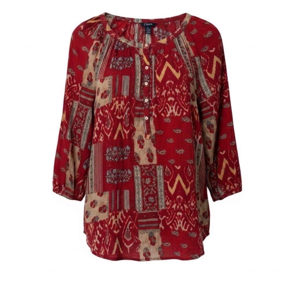 Chaps Womens L Tunic Top Boho Peasant Patchwork Paisley Hippie Southwestern Gauz